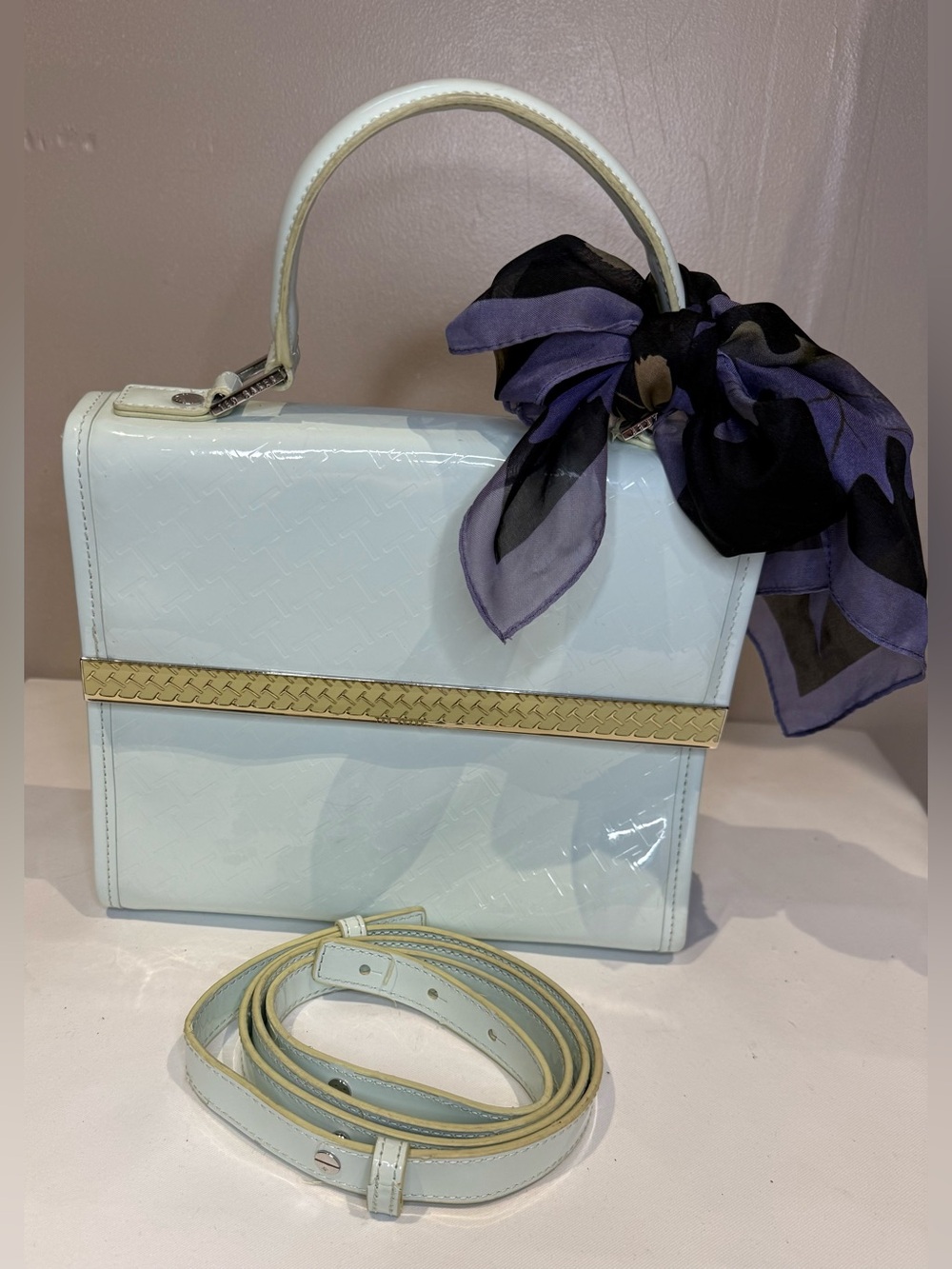 Ted Baker Blue Patent Top-Handle Satchel with Gold Accent and Crossbody strap
